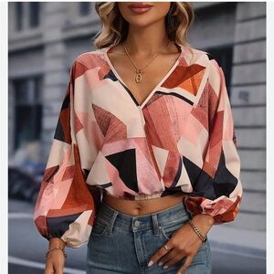 Geometric Print Cropped Blouse - Pink & Rust
